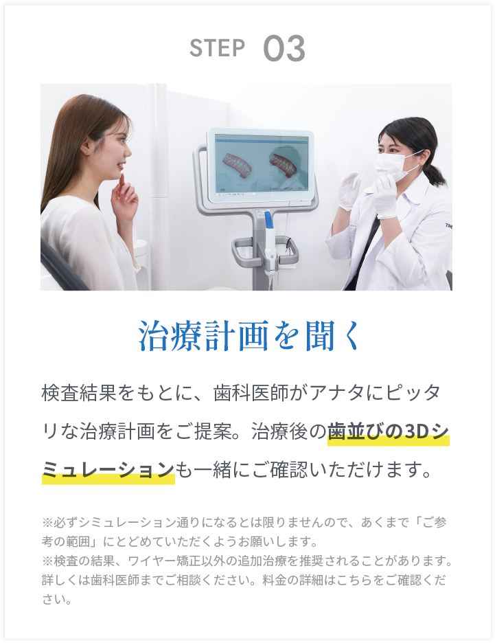 検査結果をもとに治療計画を提案。歯並びの3Dシミュレーションも確認可能